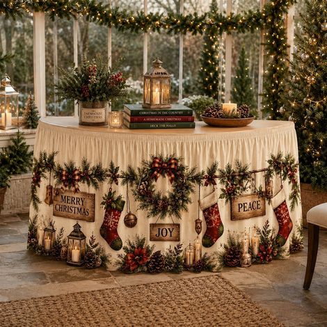 Nappe de Noël style 2026 pour décorations de fête de famille - Tissu décoratif en polyester imprimé bonhomme de neige et sapin de Noël - 180 x 75 cm - 23