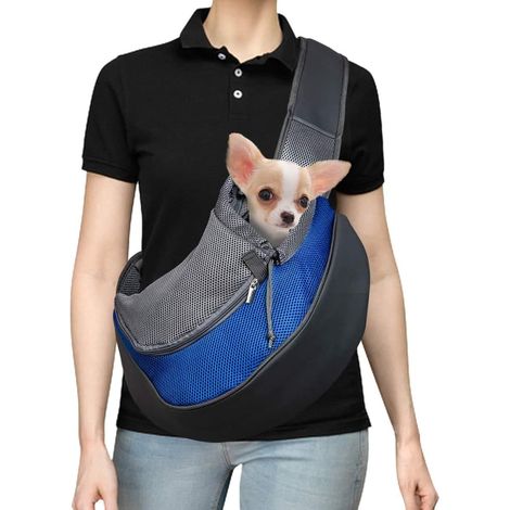 Sling chien, chat animal de compagnie sac de transport pour chien sac de transport réglable épaule sac de transport en filet respirant - convient aux chiots de moins de 5 kg, 37 x 29 x 25 cm (L,Blue)- (1/3)