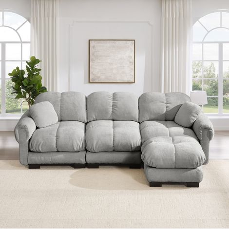 3-Sitzer-Ecksofa aus Chenille, mit beweglicher Ottomane und 2 Deko-Kissen, Hellgrau OKMYHOME (1/5)