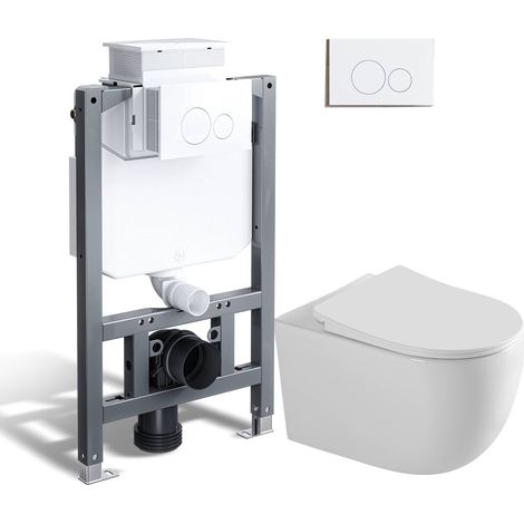 Komplett Vorwandelement Toilette Set - 82cm Unterputzspülkasten + Wand WC + weiß Drückplatte HOROW