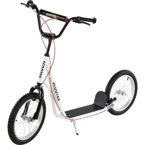 Trottinette pour enfants 16 pouces Kick Scooter guidon réglable grandes roues frein à main Blanc métallique
