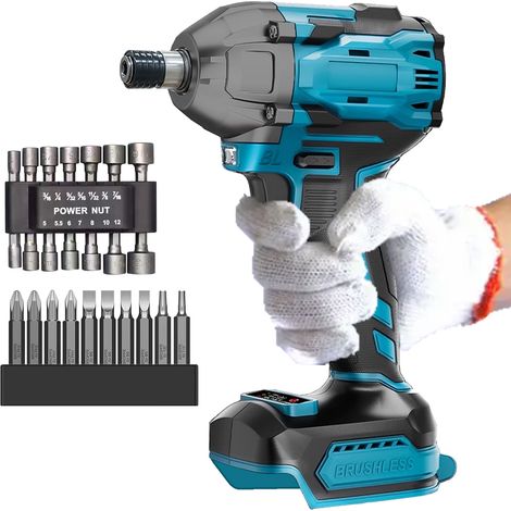 Avvitatori a percussione, trapano avvitatore a percussione elettrico senza fili da 1/4", 420N.M, 10 punte per trapano, 14 bussole per chiavi inglesi (senza batteria), compatibili con batteria Makita (1/5)