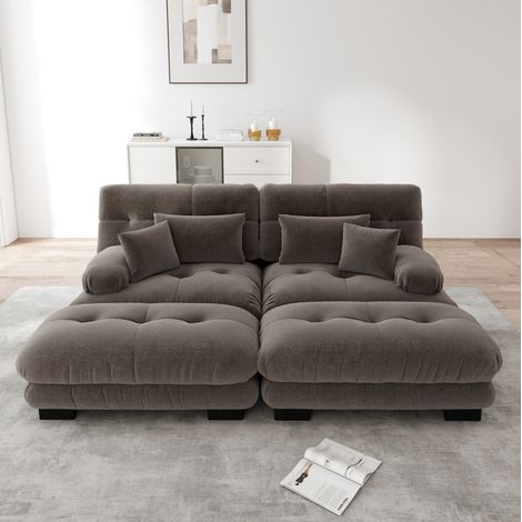 Divano modulare angolare marrone in chenille con ottomani mobili, cuscini lombari e design cloud (1/5)
