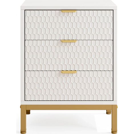 Table de chevet moderne à 3 tiroirs, meuble de nuit blanc à texture relief, plateau pratique et base métal doré, pour chambre ou salon  CHICFURN (1/5)