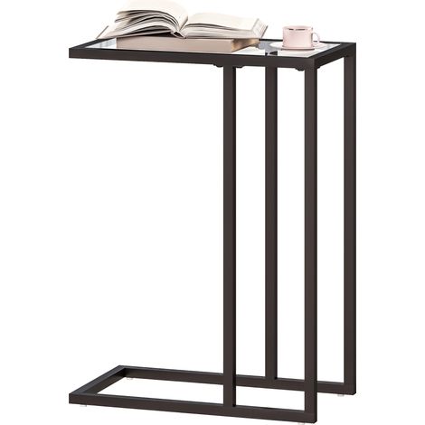 HOMCOM Tavolino da Salotto in Vetro e Acciaio a Forma di C, 46x25x63.5 cm, Nero