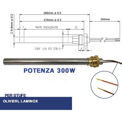 CANDELETTA ACCENSIONE STUFA PELLET RESISTENZA 9.9X170 300W LAMINOX (04042) (1/4)