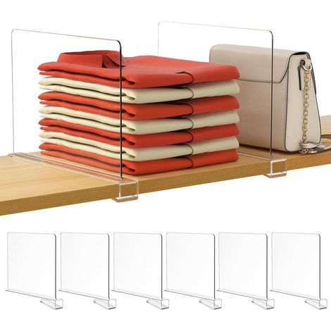 Séparateur d'étagère - Organisateur vertical en acrylique pour placard - Pour pulls, chemises et sacs à main - Lot de 6 - Insert de rangement transnt pour bibliothèque, garde-manger, chambre ou cuisin (1/5)