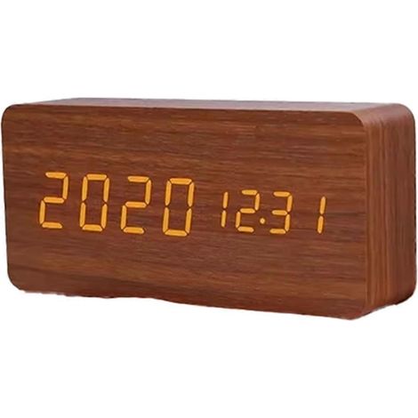 Horloge numérique en bois avec affichage LED et température - Décoration de bureau, de chambre ou de table - Marron (1/5)