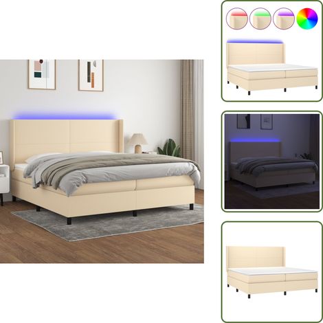 Sommier à lattes de lit matelas LED Crème 200x200 cm Tissu - Sommier Tapissier - Lit Plateforme - Lit Avec Led - Matelas À Ressorts Ensachés - Têtière Ajustable (1/5)