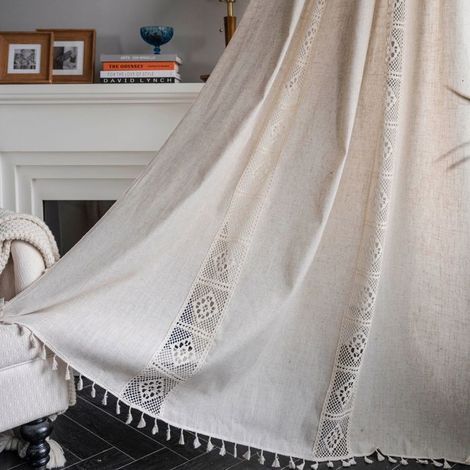 Blickdichte, beigefarbene Gardinen im Bohème-Stil aus Baumwolle und Leinen, 150 x 240 cm (Stange), mit Hohlhaken, aus Polyester und Leinen. (1/4)