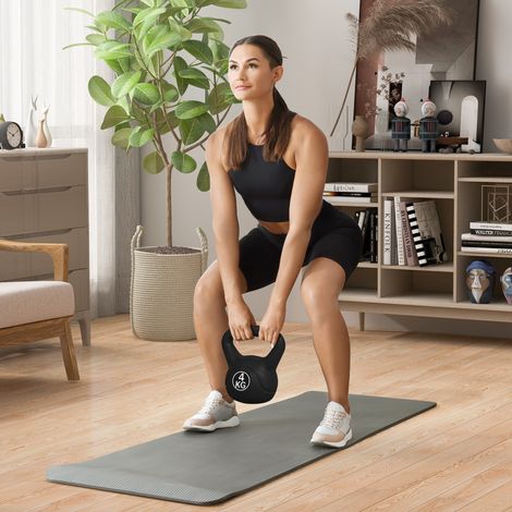 4 kg Kettlebell für Sport und Fitness mit flacher Basis und Griff, Kettlebell-Gewichte für das Heimtraining, 18 x 12 x 20 cm, Schwarz