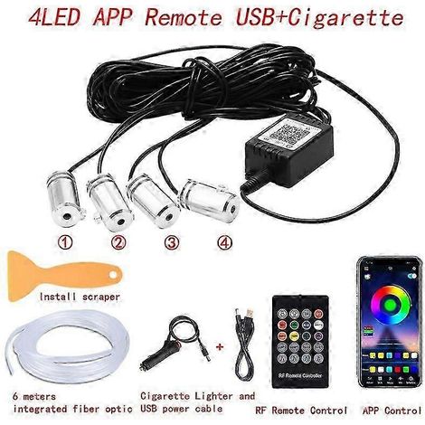 Éclairage d'ambiance intérieur LED néon pour voiture, bande LED RGB fibre optique 315 pouces, télécommande via application USB et contrôle du son, lampe décorative pour véhicule (4 en 1, télécommande (1/5)