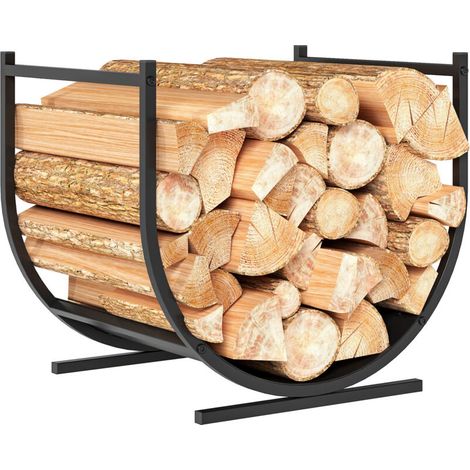 Soporte para leña robusto y curvado para uso interior y exterior, estructura metálica, 43 x 33 x 38 cm, negro. (1/4)
