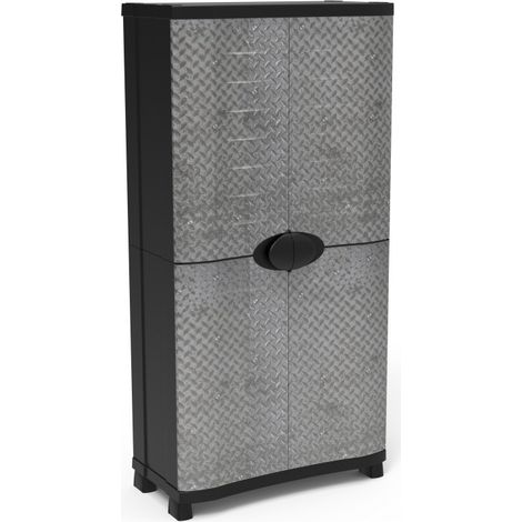 Armoire meuble de rangement 4 étagères intérieur/extérieur coloris Noir/Métal - Longueur 90 x Profondeur 45 x Hauteur 184 cm (1/2)