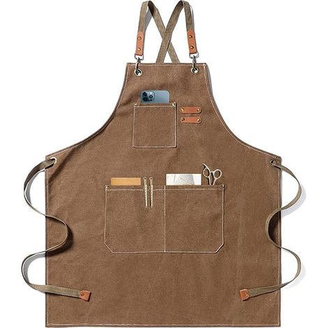 Tablier de chef, tablier de jardinage en toile de coton avec grandes poches pour hommes et femmes, bavoir de cuisine, tablier de jardin réglable robuste-Café (1/5)