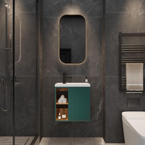 UEV Meuble Lave-Mains Mural, Meuble Lavabo Suspendu, Lavabo en Résine, Espace de Rangement Caché/Ouvert, Motif de Ligne, 51 x 30,5 x 54 cm, Vert Foncé