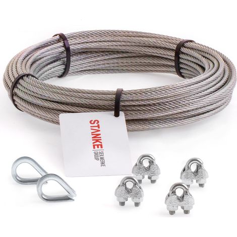 Seilwerk STANKE Câble d’acier inoxydable V4A, 5m, diamètre 2mm 7x7, 2x Cosse-cèur V4A, 4x Serre-câble è étrier V4A - SET 1