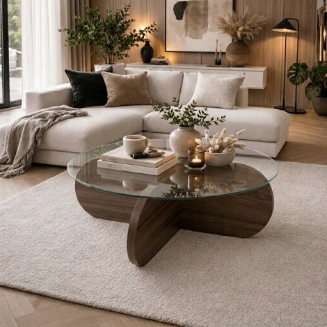 Runder Couchtisch Aris Walnuss Melamin und transparentes Glas 75 (1/5)