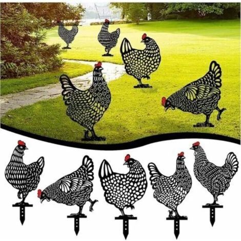 Décoration de jardin en métal - PZCC - Lot de 5 pièces - Silhouette de poule - Métal antirouille - Revêtement en poudre