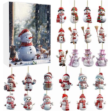 Compte à rebours de Noël de 24 jours, décorations plates en acrylique 2D, pendentifs en forme de chapeau de bonhomme de neige de styles variés, boîte surprise (1/4)