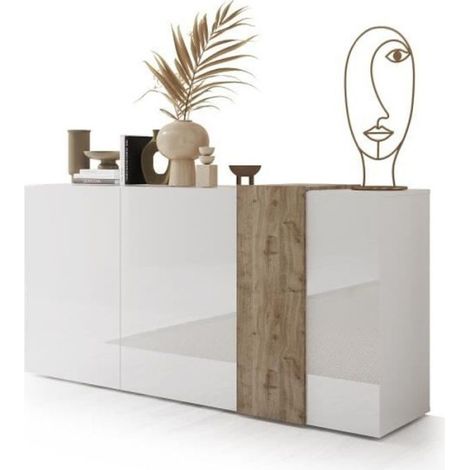 Buffet 3 Portes VENEZIA - Blanc laqué brillant et chene Cadiz - L 181 x P 44 x H 84 cm (1/5)
