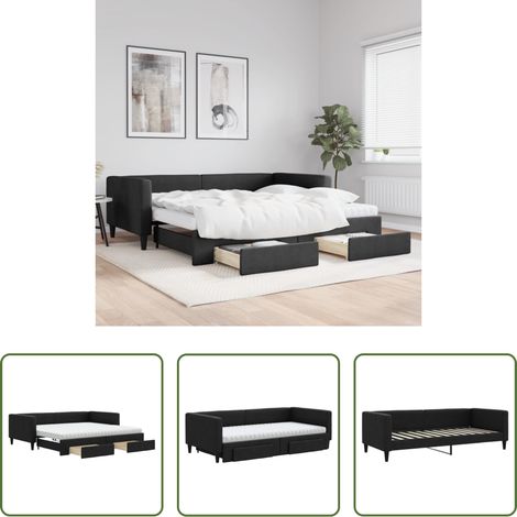 Schlafsofa -  Tagesbett Ausziehbar mit Schubladen Schwarz 100x200 cm Stoff