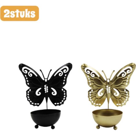 Lot de 2 chandeliers en métal, forme papillon, élégants, en fer forgé. Porte-bougies pour la décoration intérieure, faits main, dorés et noirs. (1/5)