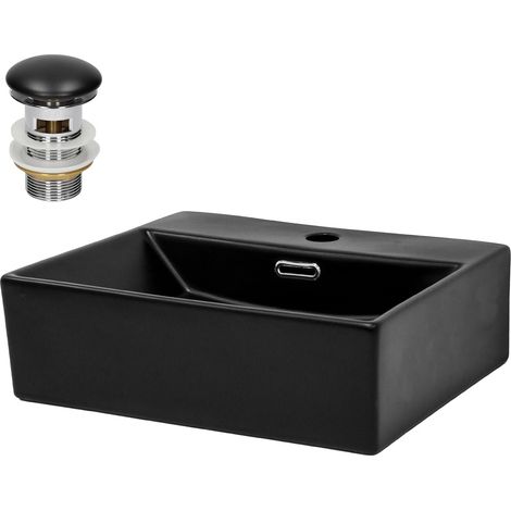 ML-Design Lavabo de Cerámica Negro Mate Rectangular 415x365x130 mm Con Juego De Drenaje Rebosadero Orificio Para Grifo Lavamanos Moderno Sobre Encimera Pila Para Baño Aseo Fregadero Colgante Pared