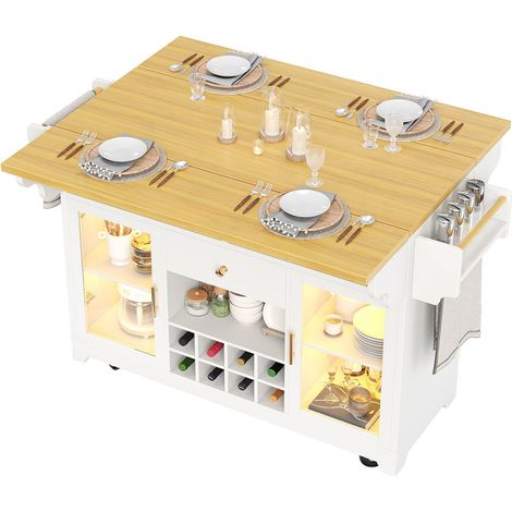 Desserte de cuisine 95 cm éclairage led rgb plateau rabattable des deux côtés étagères réglables porte-bouteilles mobile hauteur (1/3)