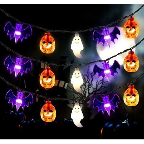 Pair Guirlande lumineuse Halloween à piles 20 pieds 30 LED citrouille chauve-souris fantôme lumières avec minuterie – 8 modes d'éclairage lumières de décoration d'Halloween (1/5)
