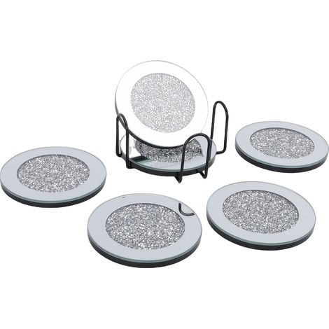 Lot de 6 dessous de verre miroir ronds avec support, pour table basse, cuisine, bar, décoration intérieure, argentés (1/5)