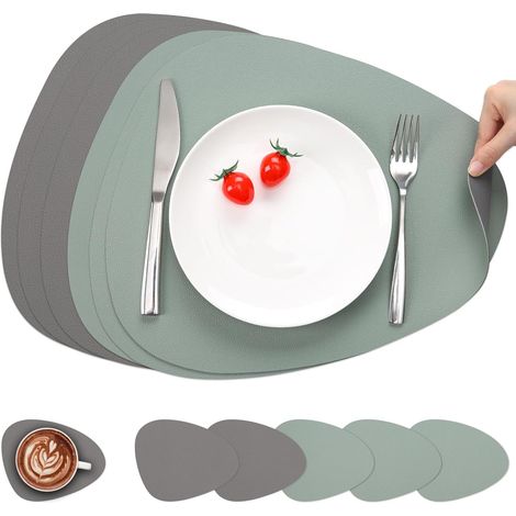 Set de table double face antidérapant, lavable et imperméable, lot de 6 en gris salvia vert. (1/5)