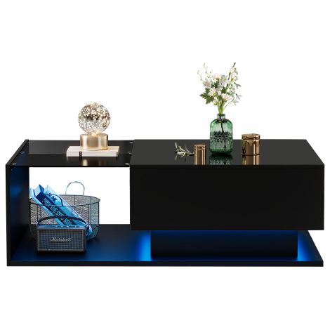 Table basse noire brillante LED, plateau verre, 1 tiroir, 100x50x32 cm