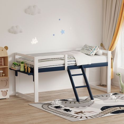 Lit mezzanine enfant 90x200 cm en pin massif avec garde-corps, échelle fixe, tablette latérale, sommier à lattes, blanc et bleu marine (1/5)