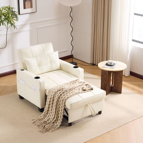 Divano letto, divano da 1 posto con portabicchieri e porta USB, tasca laterale, bianco (1/5)