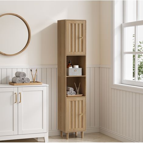 Badmöbel Hochschrank Mid-Century Modern aus MDF in Eiche, freistehend, mit geriffelten Türen und offenen Regalen, 32 x 30 x 169 cm (1/5)