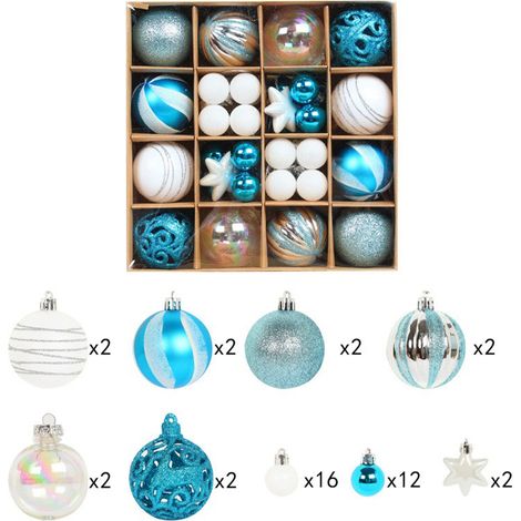 42 bruchsichere Weihnachtskugeln mit Glitzer und Glasur, blau-weiß, für festliche Dekoration (1/2)
