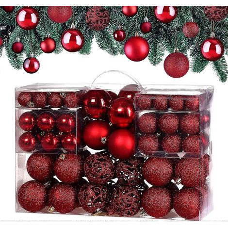 AURA 100-teiliges Weihnachtskugel-Set Weihnachtsdekorationen Kugeln mit Haken 32x Ø30mm 36x Ø40mm 32x Ø60mm Rot (1/5)
