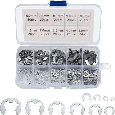 Anneaux élastiques externes en acier inoxydable 304, assortiment de 200 anneaux élastiques de 1,5/2/3/4/5/6/7/8/9/10 mm, usages divers. (1/5)
