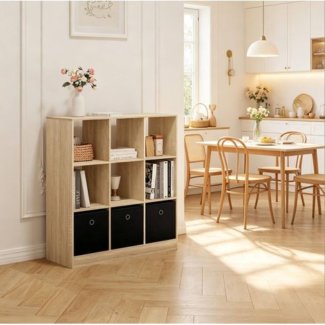 Libreria 9 cubi con 3 cassetti, 80 x 30 x 86,5 cm, legno composito rovere chiaro/nero (1/5)