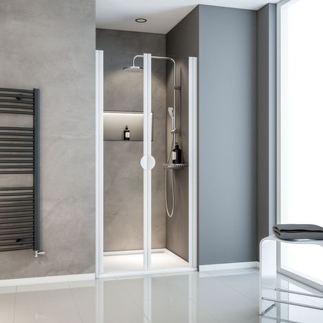 Schulte – Porte de douche battante 80 x 180 cm – Verre de sécurité 5 mm transparent – Profilé blanc – Ouverture dans les deux sens – Installation sans silicone