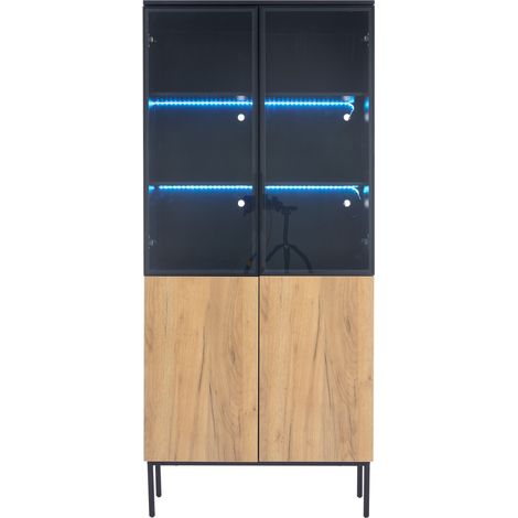 Vitrine en verre 74x31x180 cm en bois noir, avec rangement LED pour salon - FLORAGRACE (1/5)