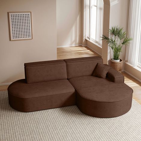 Canapé d'angle droit convertible 4 places MARLO en velours cotelé - Marron (1/5)