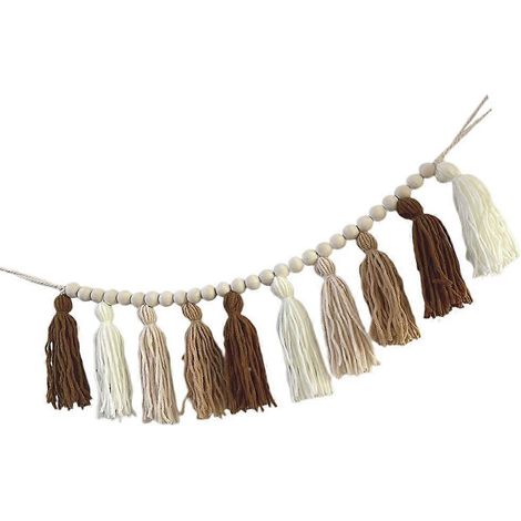 Guirlande de perles en bois avec pompon, lot de 3, décorative à suspendre, multicolore, pour bar ou couloir. (1/5)