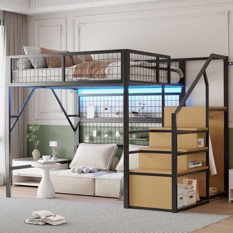 Hochbett Metall Schwarz 140x200 cm mit Treppe, Stauraum, Kleiderschrank und LED-Lichtleiste