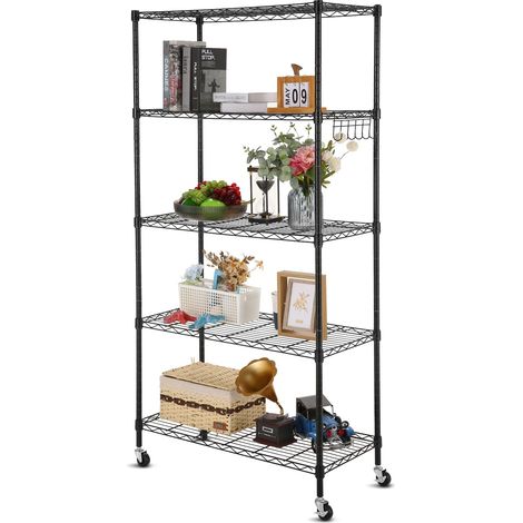 Étagère métallique chromée Robuste avec roulettes, étagère réglable à 5 Niveaux, Chariot Mobile Multifonction dans l'industrie – Idéal pour Bureau, Cuisine, Placard, buanderie, et Plus Encore, (1/5)