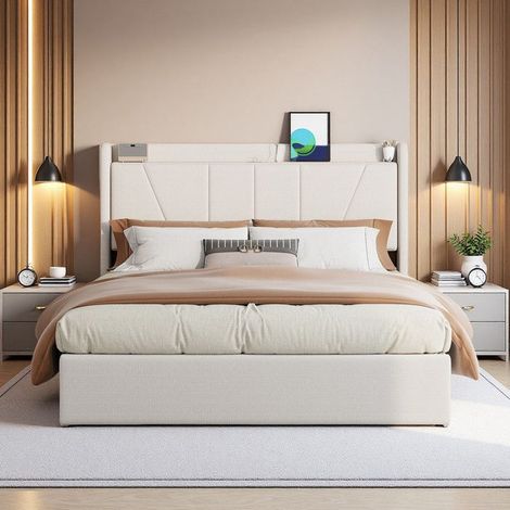 Cama Doble 140x200cm - Cama Cofre Hidráulica - Almacenamiento Integrado - Carga USB/Tipo-C - Tejido Lino Beige