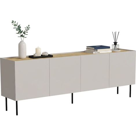 Credenza Sagrado, Madia da salotto con quattro ante battenti e vani interni, Rialzata da terra, 200x40 h70 cm, Beige e Rovere