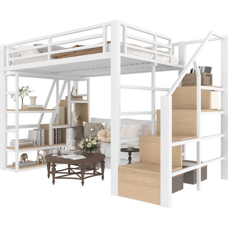 Lit mezzanine 140 x 200 cm avec LED, échelle de rangement, garde-corps et espace ouvert, structure métal et MDF, blanc, pour chambre enfant - CHICFURN (1/5)