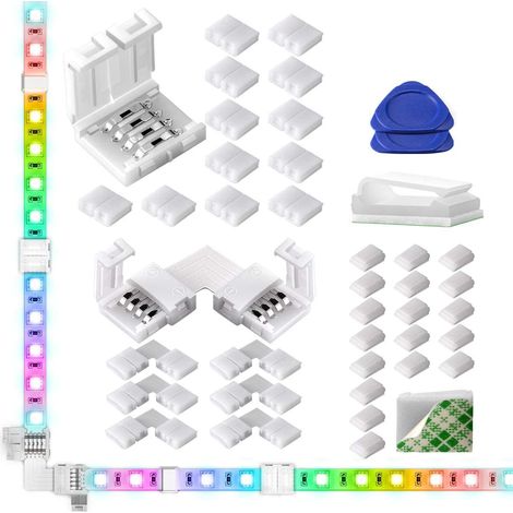 Connecteur LED RGB - 4 Broches - Pour Bande LED SMD 5050/3528 - Sans Soudure - Angle L et Droit - 12 Pièces + Accessoires (1/5)